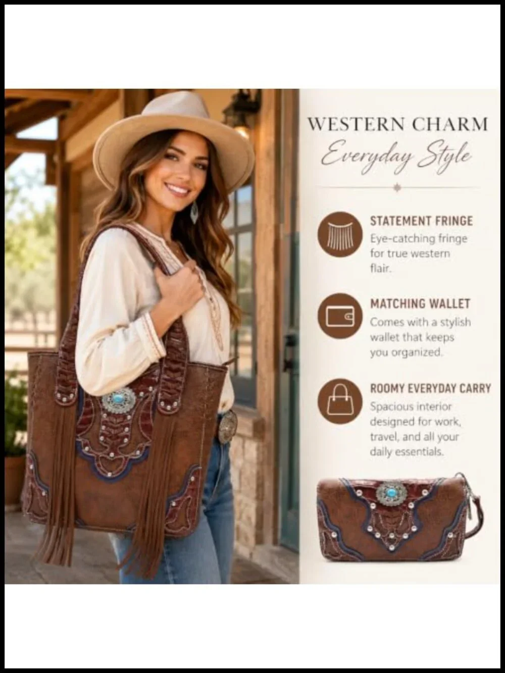 Western Fringe Totes Purse and Wallet Set for Women | Turquoise Concho, Stud